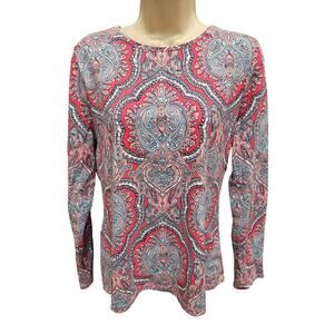 Talbots NWOT Medallion pink LP Large PETITE pima soft 3/4 sleeve top bright fun